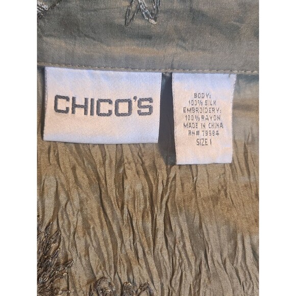 Chico's Size 1(10) Green Crinkle Silk Embroidered Long Sleeve Button Down Blouse - Picture 2 of 7